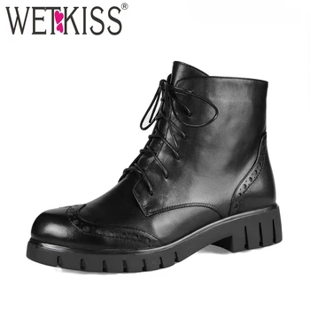 

WETKISS Leather Thick Heels Woman Boots Round Toe Footwear Casual Wool Warm Female Motorcycle Boot Platform Shoes Woman Winter