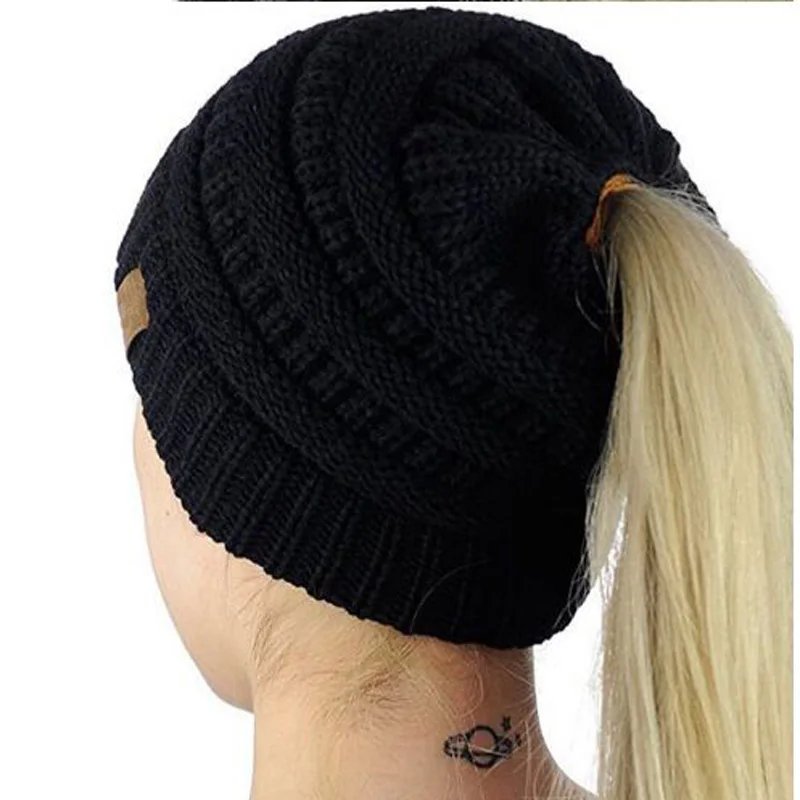 

1 Pcs Europe Hot Sell Brand Adult Knitted Horsetail Caps Winter Fashion Empty Head Tail Hats For Women And Girl Skullies