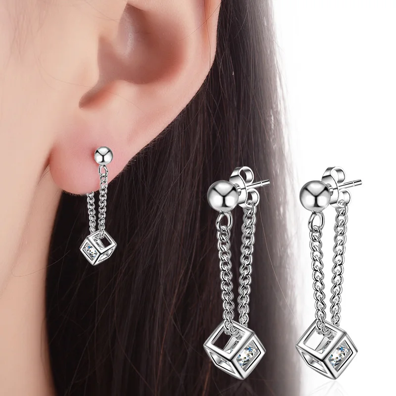 

New Fashion Luxury AAA Zircon Rubik's Cube Pendant Earrings for Women Female Silver Plated Link Chain Earring Kolczyki Jewelry