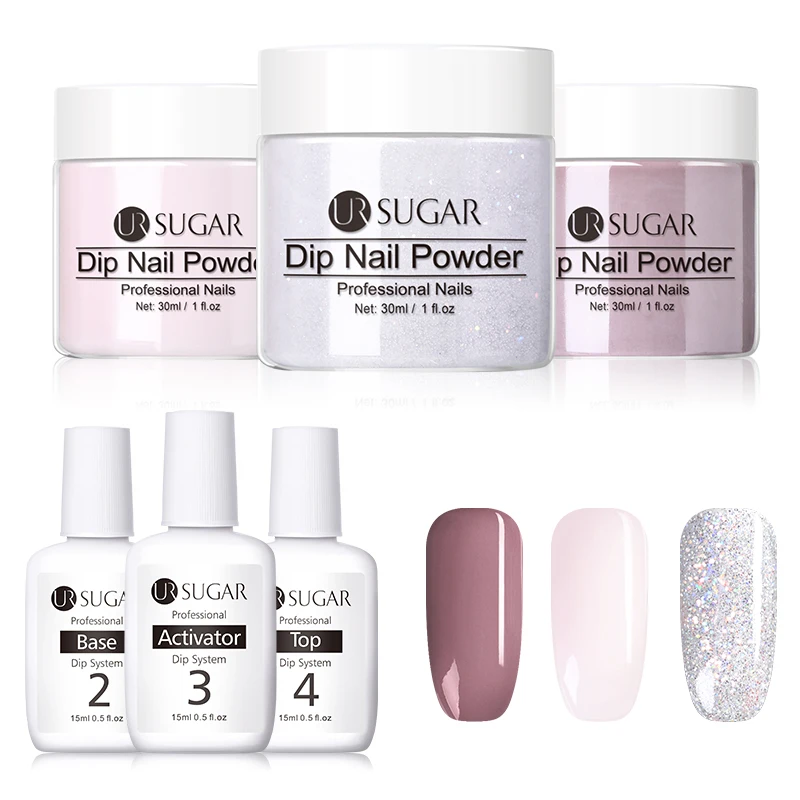 Nuestro azúcar 6 en 1 sistema de inmersión Kit de uñas Rosa plateado polvo con Gel de uñas líquido activador Base sin lámpara de secado Natural