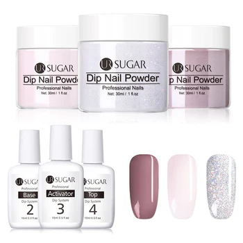 

UR SUGAR 6 in 1 Dipping System Nail Kit Pink Silver Dip Nail Powder With Base Activator Liquid Gel Without Lamp Cure Natural Dry