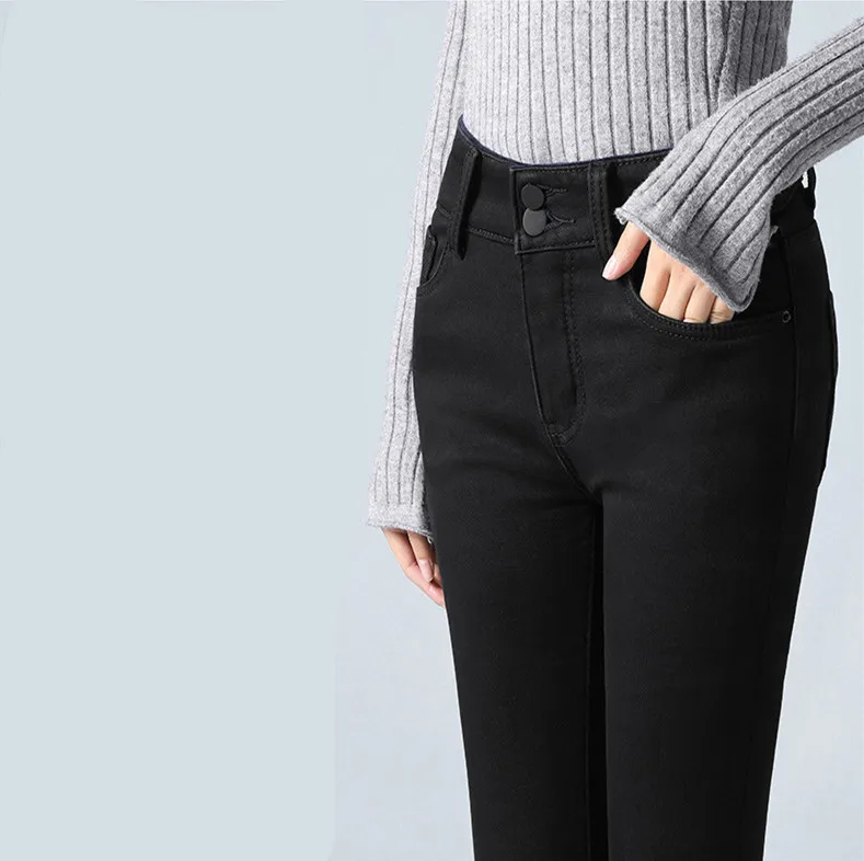 Зимние флисовые обтягивающие джинсы женские теплые Pantalon Femme высокая талия джинсовые штаны Strech Tight женские узкие джинсы черные бархатные