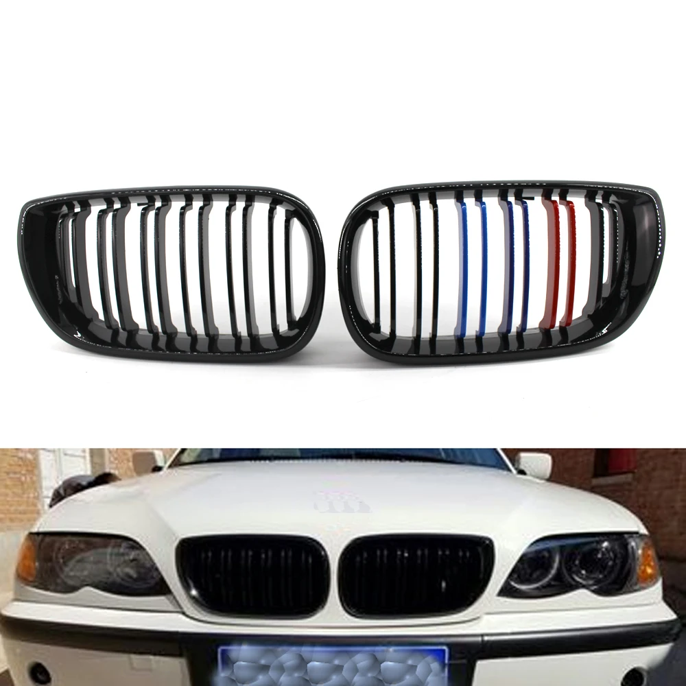 Gloss Black M-Color Double slat Front Kidney Grilles Grill For BMW E46 3 Series 4 Door 02-05 325i 320i 330i