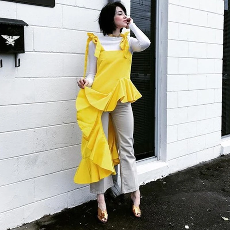 New 2018 Korean Style Summer Clothing Women Yellow Black Strap Dress Sloping Ruffle Hem Girls Stylish Asymmetrical Dresses 3723