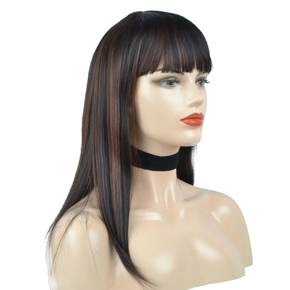 

Synthetic Hair Full Wigs Long Straight Hair with Full Bangs 16'' Natural Black Ombre Red Silky Wig for Women Heat Resistant Hair