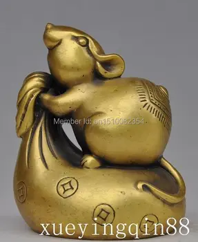 

China Chinese Folk Fengshui Brass Zodiac Rat Wealth Animal Statue sculpture