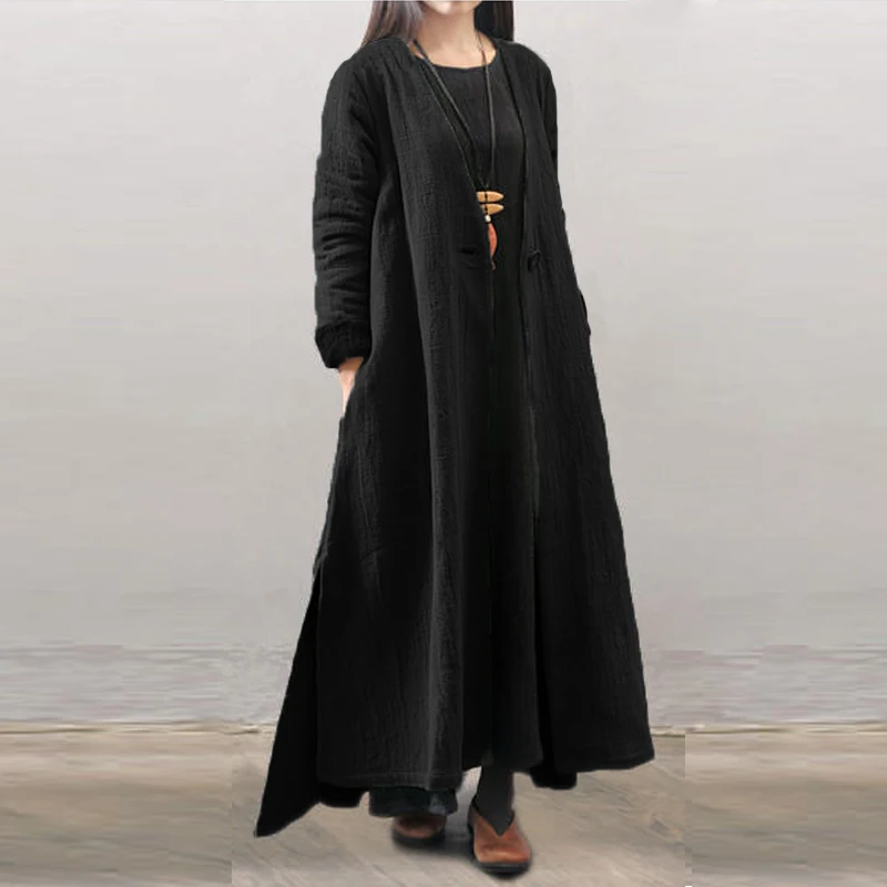 Retro Women Waterfall Hem Autumn Linen Baggy Coat Long Solid Jacket Long Sleeve Buttons Cotton