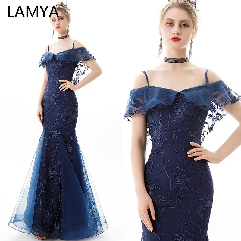 

LAMYA 2019 New Backlaess Mermaid Evening Party Dresses Boat Neck Spaghetti Strap Formal Dress Ruffles Prom Gown Robe De Soiree