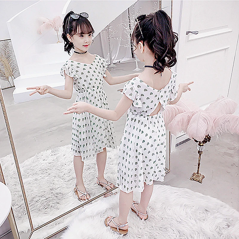 

New Hollow Out Print Dress for Girls 3 to 12 Years Sleeveless Green Yellow Chiffon Dresses Girls Casual Cute Dress Costume 5AG1D