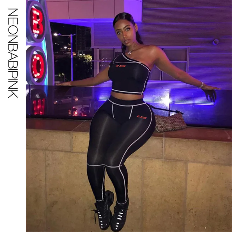 

NEONBABIPINK Fitness Sporting Two Pieces Set Top and Pants Leggings Letter Print Patchwork 2019 Fashion 2 Pcs Tracksuit N87-AD25