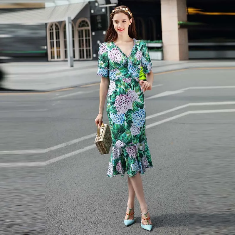 

Best Quality 2018 Summer Newest V-Neck Short Sleeve Flowers Print Elegant Temperament Mid-Calf Mermaid Dress Women