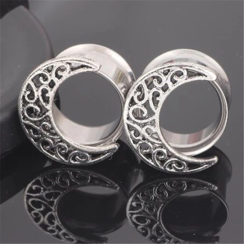 

New Fashion Style Hollow Moon Flesh Tunnel Plug Gauge Silver Ear Stretcher Expander Punk Piercing Sexy Body Jewelry Gifts