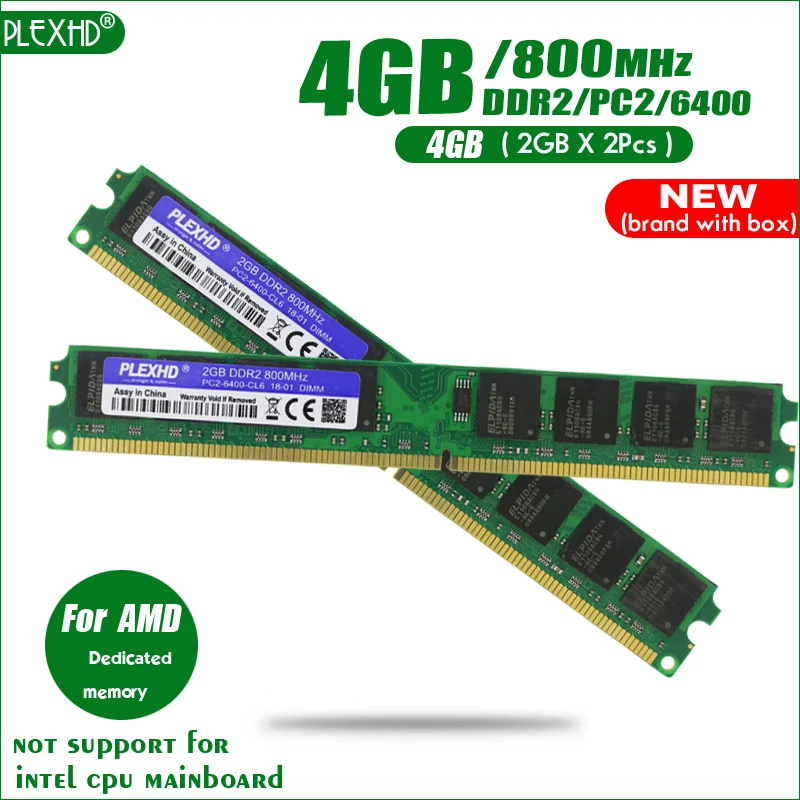 PLEXHD 4 Гб(2 ГБ X 2 шт) DDR2 PC2-6400 800 МГц для настольных ПК DIMM 2G PC2 6400 800 оперативная память(для AMD) полностью совместима