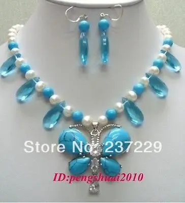 

Wholesale price FREE SHIPPING aPretty White Pearl Blue Crystal Turquoise Butterfly Women Necklace Earrings Set (A0423)