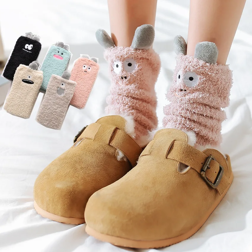 Thick coral fleece Funny socks women Cartoon little monsters embroidered pattern sleep socks Stereo ears half fleece home socks