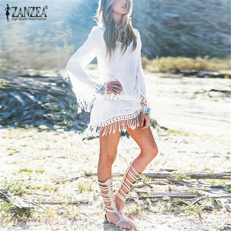 Zanzea 2019 الصيف النساء الشاطئ مصغرة قصيرة الأبيض اللباس أنيقة يا الرقبة الدانتيل شرابة الجوف خارج الصلبة الشاطئ اللباس Vestidos تونك Zanzea 2019 الصيف النساء الشاطئ مصغرة قصيرة الأبيض اللباس أنيقة يا الرقبة الدانتيل شرابة الجوف خارج الصلبة الشاطئ اللباس Vestidos تونك