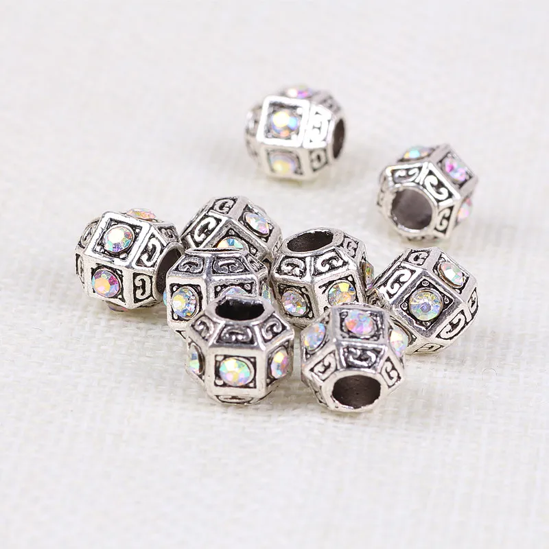 

Couqcy Free Shipping 10pcs Zircon Style Sliver Color Rhinestone Big Hole Charms & Crystal Fit European Pandora Bracelet DIY