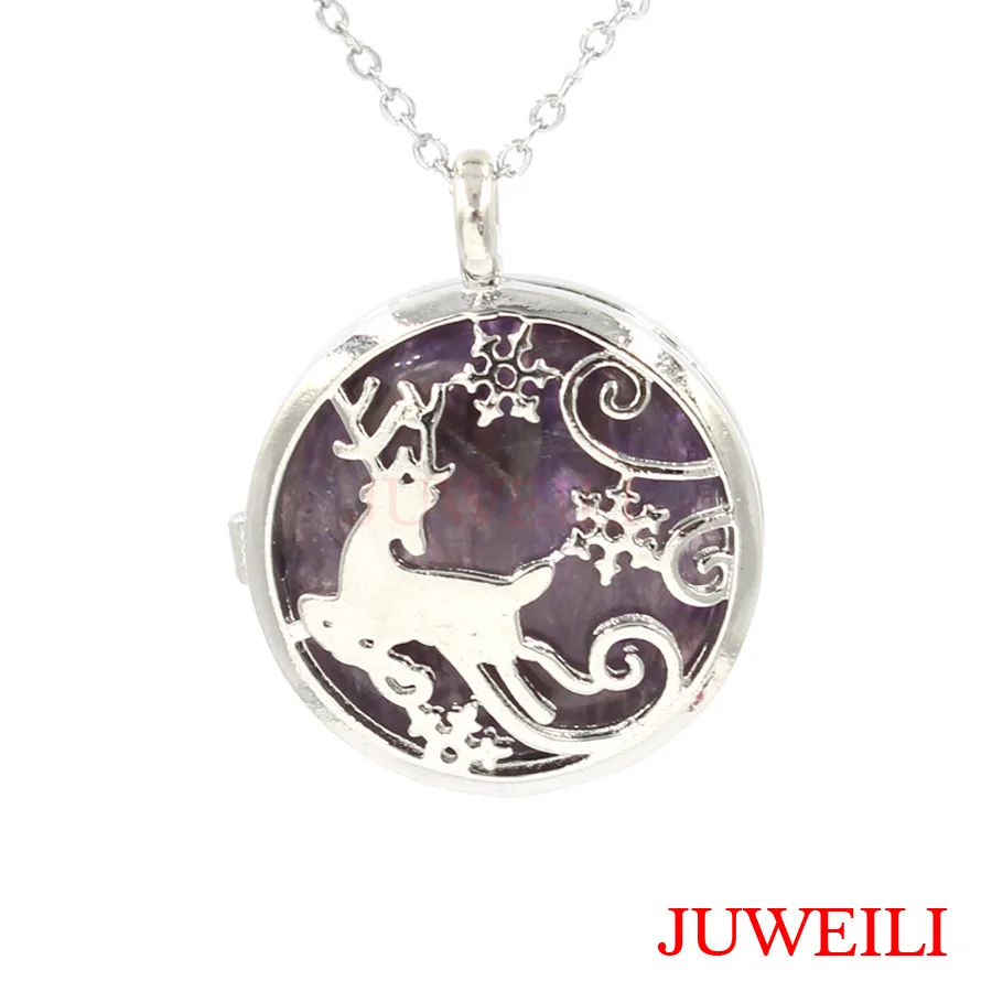 JUWEILI Jewelry 10pcs Natural Stone Round Bead Silver Color Deer Elk Boxes Pendant Necklaces Charms Boys Girls Christmas Gift | Украшения и