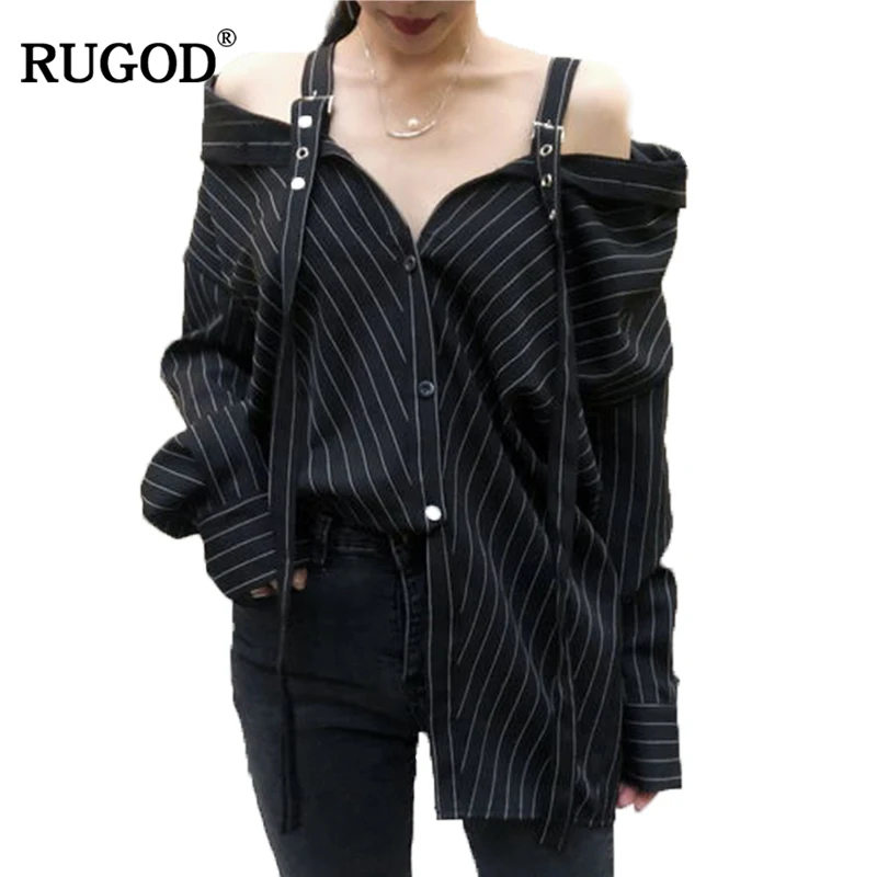 RUGOD Новинка; для женщин Slash шеи 2018 осенние модные длинные Стиль в полоску с расклешенными рукавами Повседневная рубашка для Для женщин Блузы