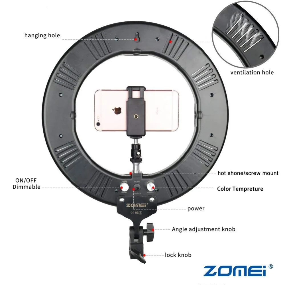 Zomei регулируемое кольцо для студийной фотосъемки 3200-5600K светодиодное освещение адаптер для телефона макияж для прямой трансляции видео