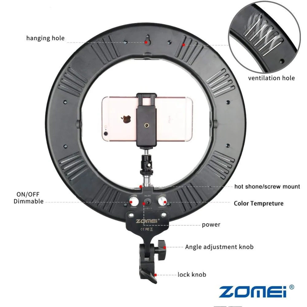  Zomei Dimmable Photography Photographic Studio Ring Light 3200-5600K LED Lighting Phone Adapter Mak - 32880752629