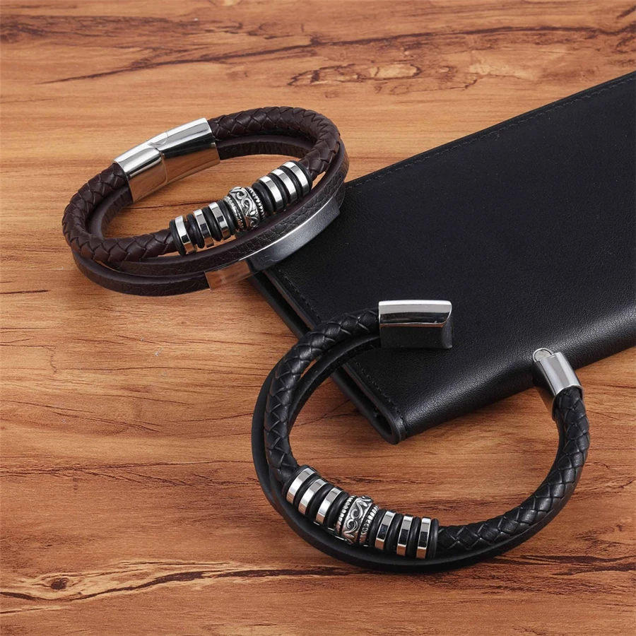 XQNI Geometrically Irregular Graphics Stainless Steel Genuine Leather Bracelet Black/Brown Color Accessories Jewelry For Men