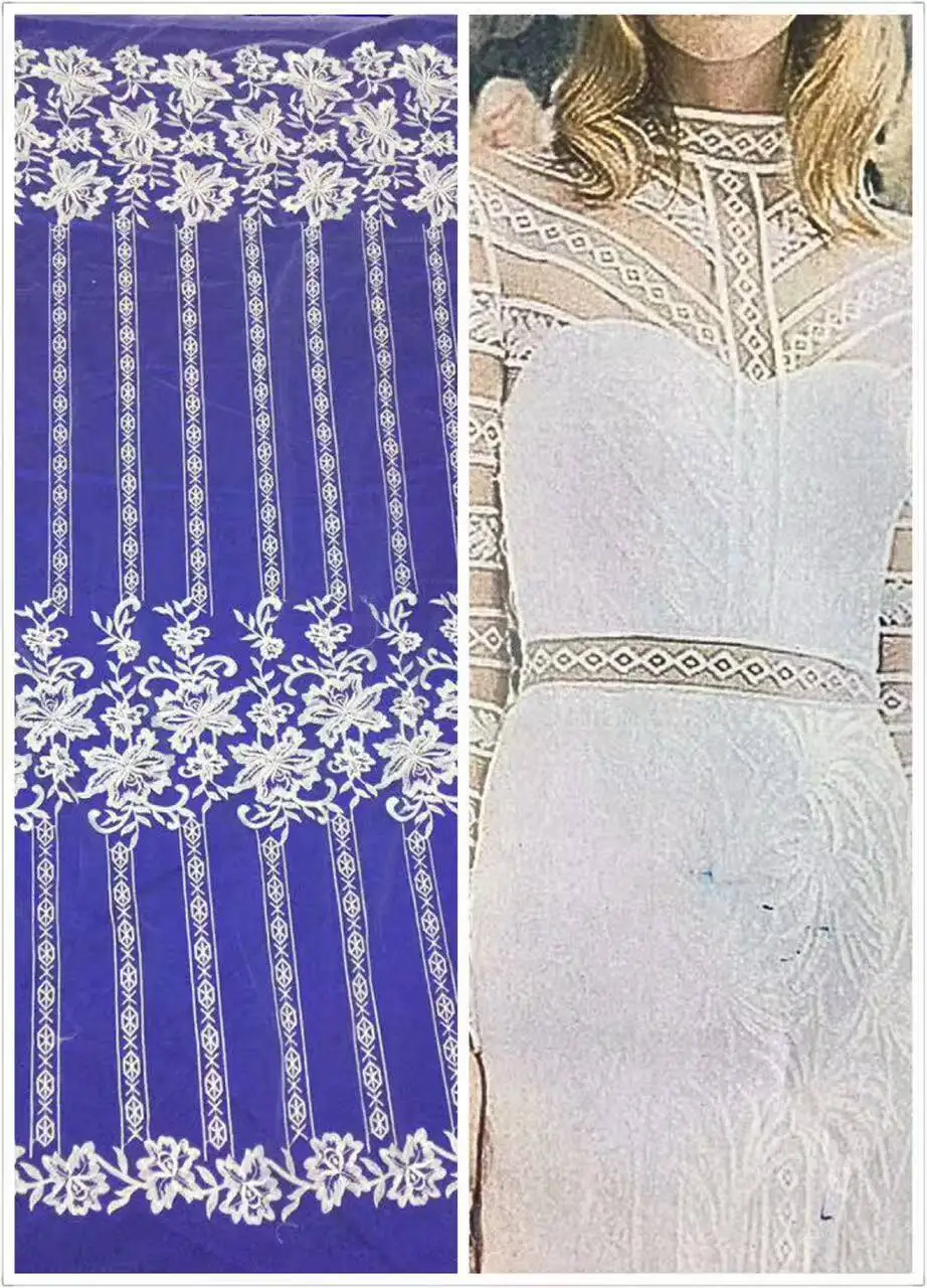 5 yards white color floral pattern luxury embroidery mesh lace fabric