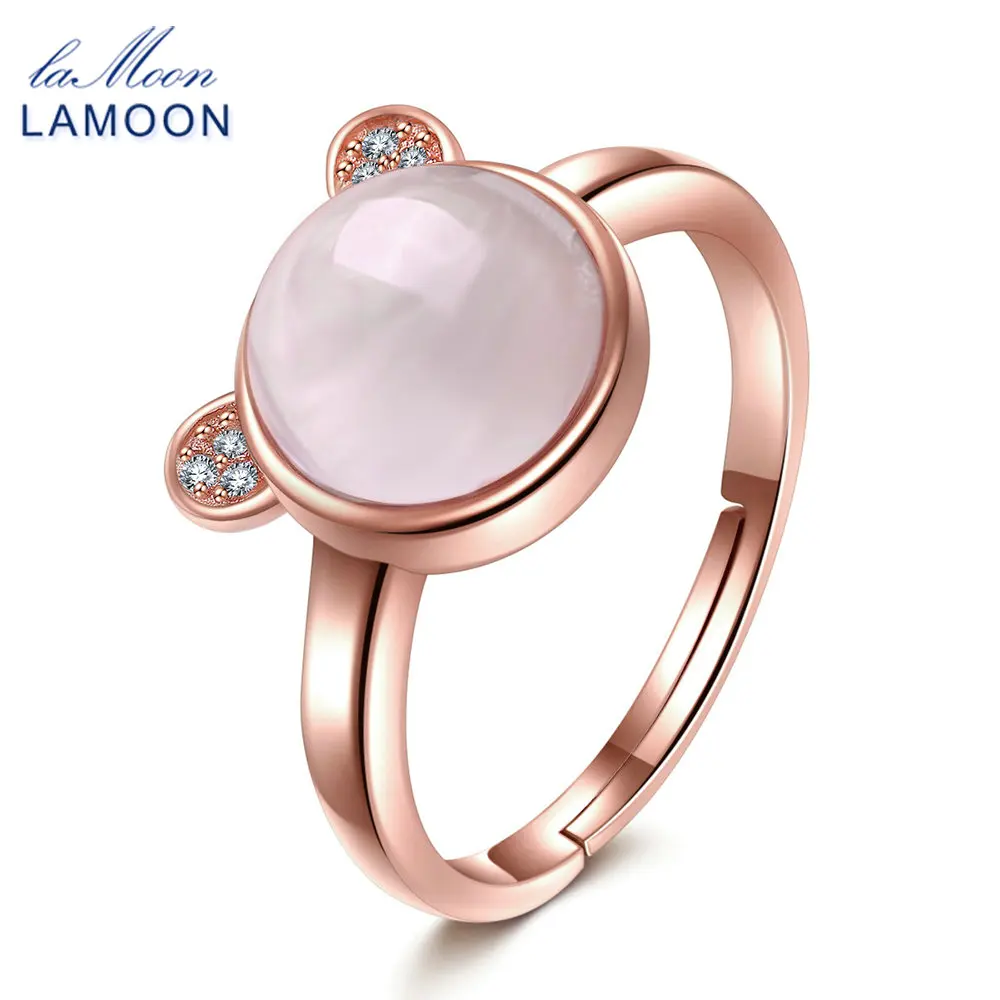 LAMOON Lovely Bear Natural Rose Quartz 925 Sterling Silver Jewelry Wedding Ring with S925 For Women LMRI046