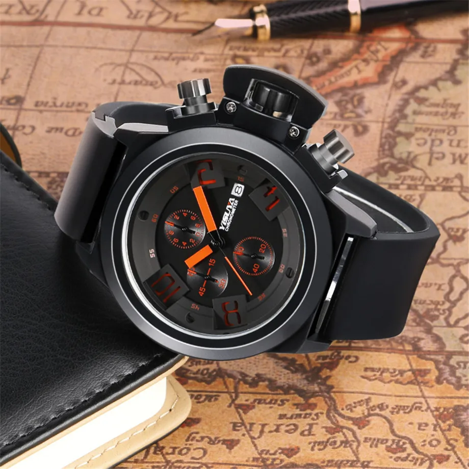 YISUYA Men Wristwatches Pilot Style Japan Quartz Watch Date Day Six Hands Silicone Band  Chronograph Aviator Boy birthday Gift (4)