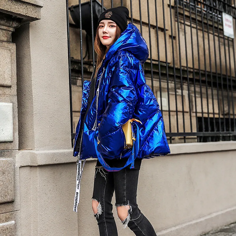 Женские парки зимняя Корейская свободная Короткая Толстая хлопковая куртка модное свободное повседневное хлопковое пальто с капюшоном синее металлическое пальто