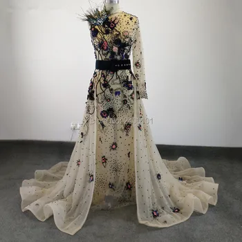 

One Shoulder Evening Gown Glamorous Feather Sparkly Beads Wedding Party Dress Custom Made