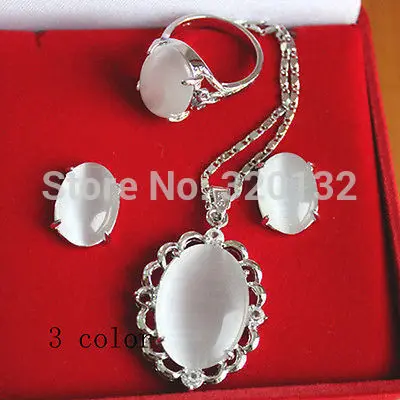 

FREE SHIPPING>>@> Beautiful New crystal White opal jade Earring Necklace ring Set AAA Silver Hook free shipping Natural jewelry