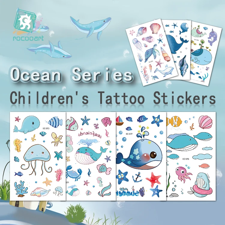

New Arrival Lovely Cartoon Ocean Series Temporary Tattoo With Whales Designs For Kids Children Fake Body Waterproof Tattoo Blue.