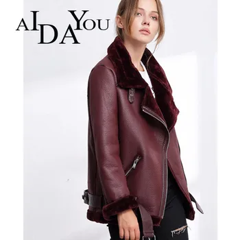 

AIDAYOU Women Leather Lapels Coat with Fur Female Autumn Winter Warm Jackets PU Solid Outwear Thick Motorcycle Jacket ouc2512