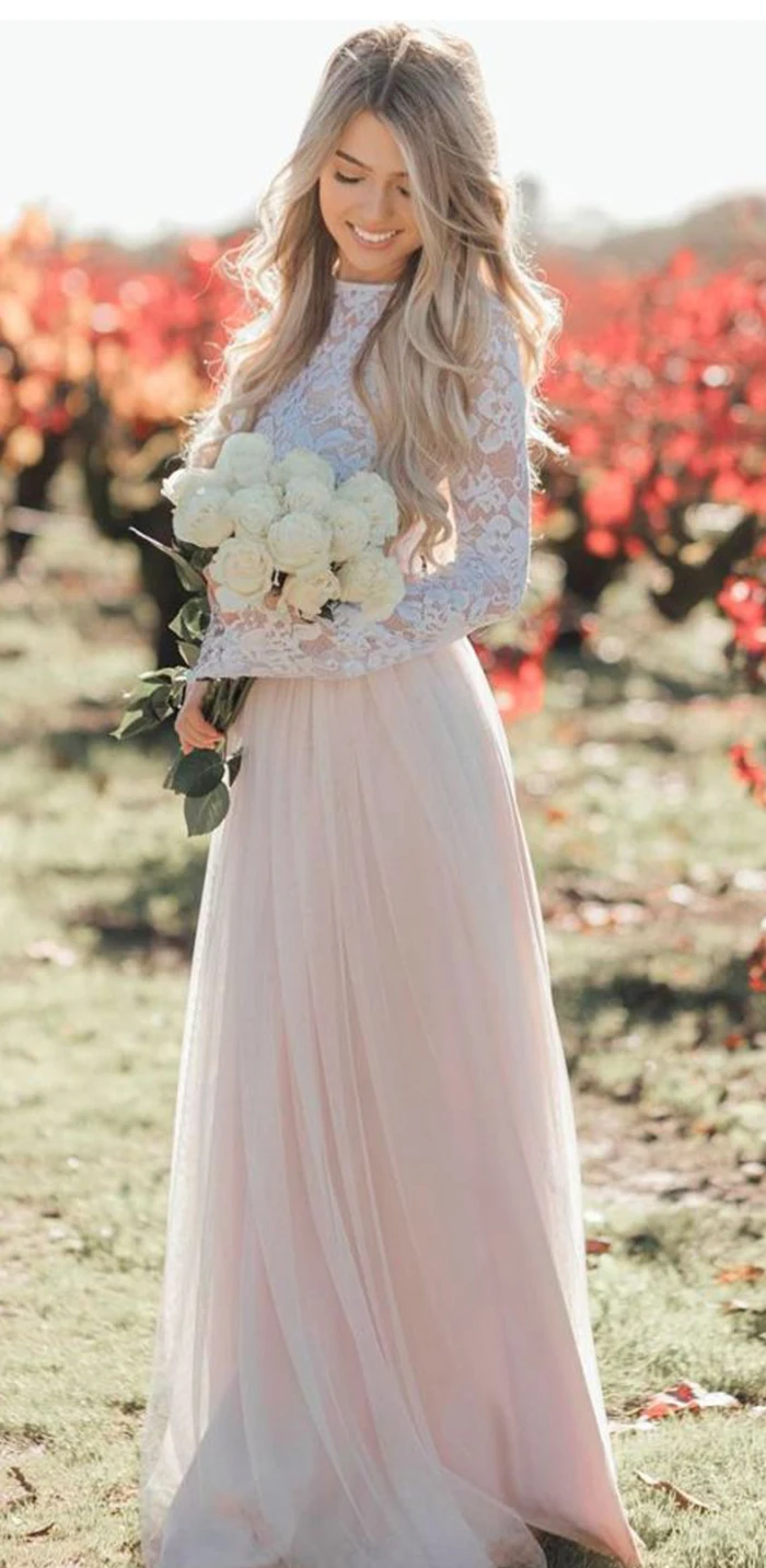 Лори Бохо с длинным рукавом свадебное платье Robe de mariee две части белый кружевной топ розовый свадебное платье пышное Тюлевое свадебное платье es
