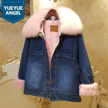 Осенне-зимнее плотное джинсовое пальто с воротником из лисьего меха, женская модная уличная однобортная свободная теплая куртка из овечьей шерсти, женская верхняя одежда