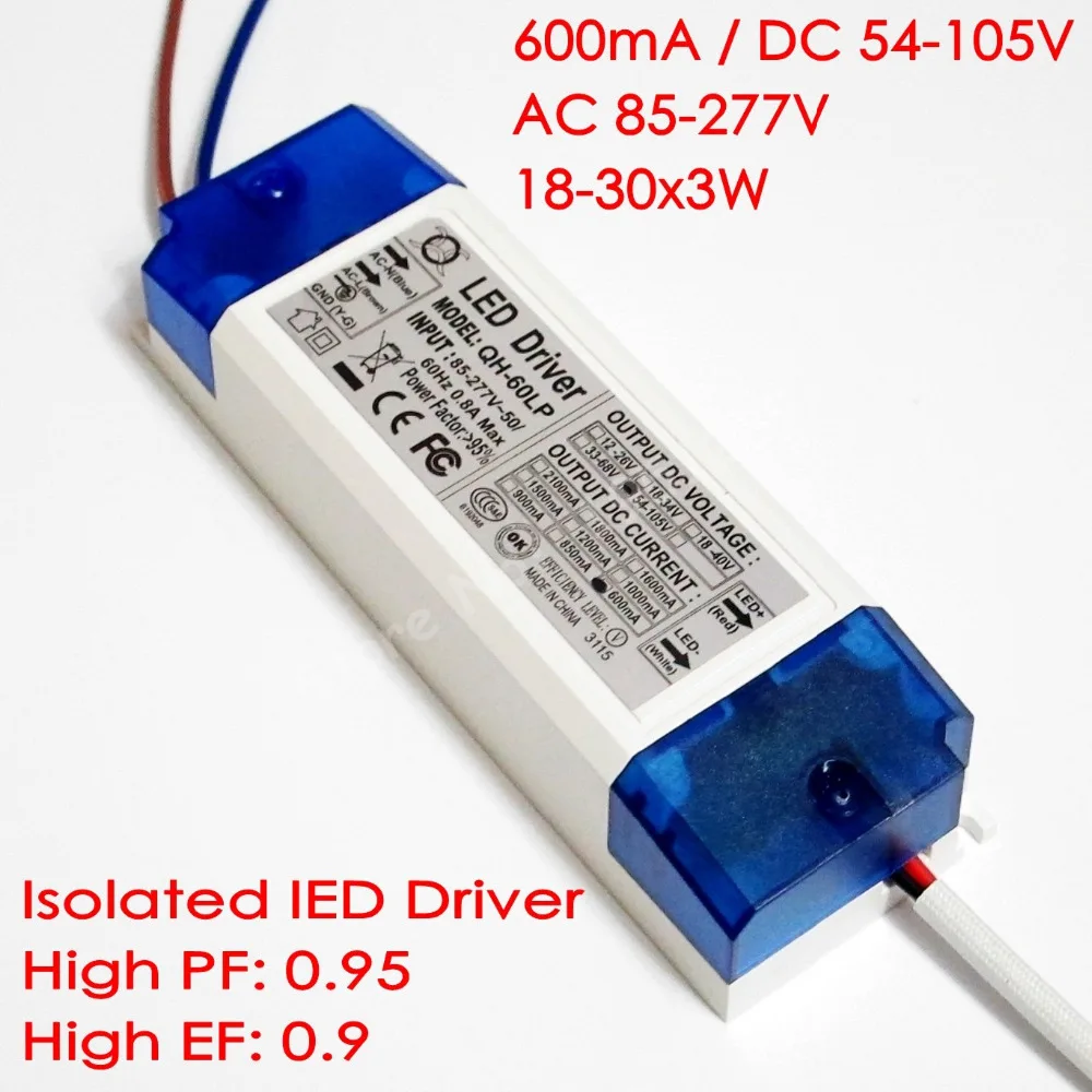 

High Power Isolated 600mA 18-30x3W DC 54V - 105V Led Driver 30W 40W 50W 60W Power Supply AC 110V 220V for LED lights