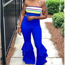 2019 Women Double Ruffle Solid Flare Pants Fashion High Waist Bodycon Sexypants Casual Skinny Trouser fashionable high waist skinny colorful flare women s skirt