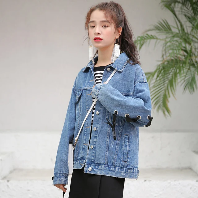2018 Spring Women Fashion Solid Denim Jacket Turn-down Collar Lace Up Outwear Femme Streetwear Back Bandge Jeans Jackets 1