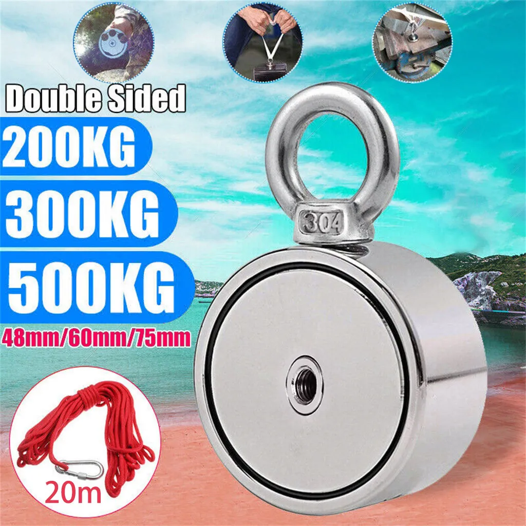 

2019 200/300/500KG Double Side Neodymium Metal Magnet Detector Fishing Kit+20M Rope Drop shipping Freeshipping