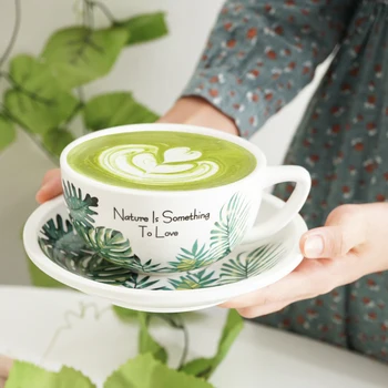 

320 ml Monstera pattern coffee cup and saucer for WLAC tropical leaf championship porcelain latte art cups for cafe