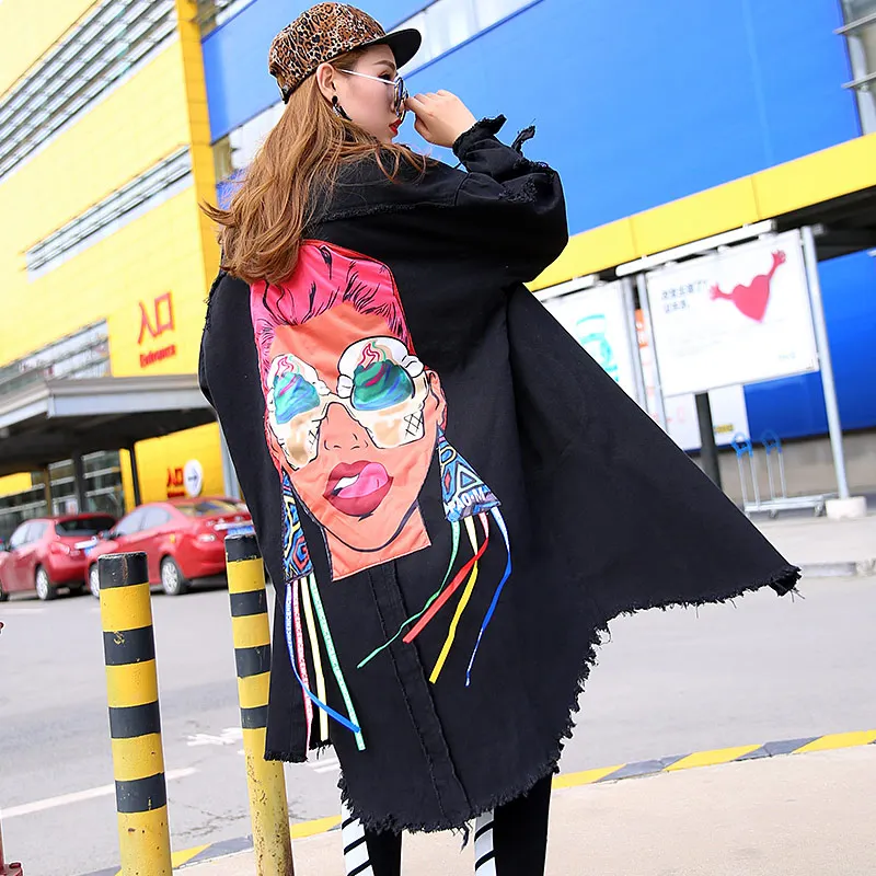 

2019 Spring Fashion Denim Cartoon Girl Trench Women Harakuju Style Hole Jean Casual Loose Autumn Trench Coat Oversize