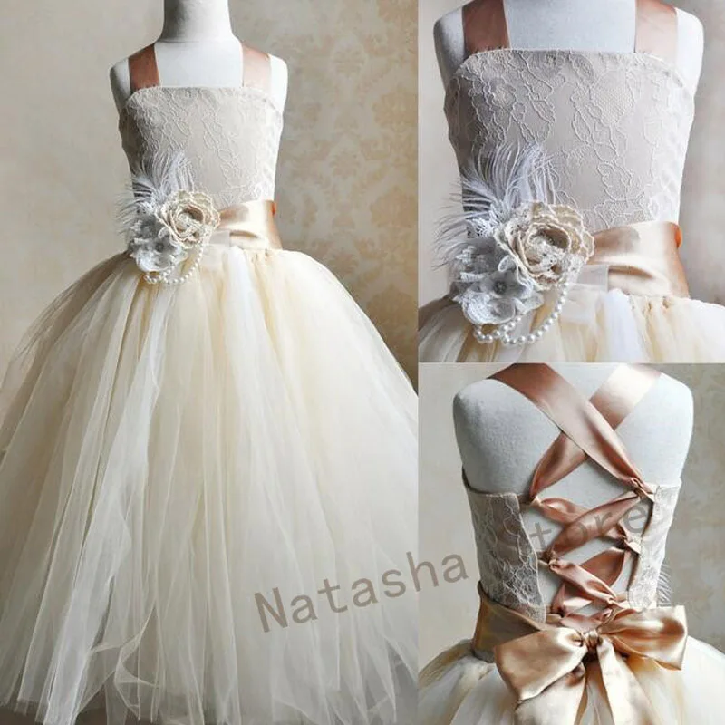 

With feather brooch Girl Christening Wedding Party Pageant Dress Baby ball Gowns Child Bridesmaid Clothing NCJZ-7