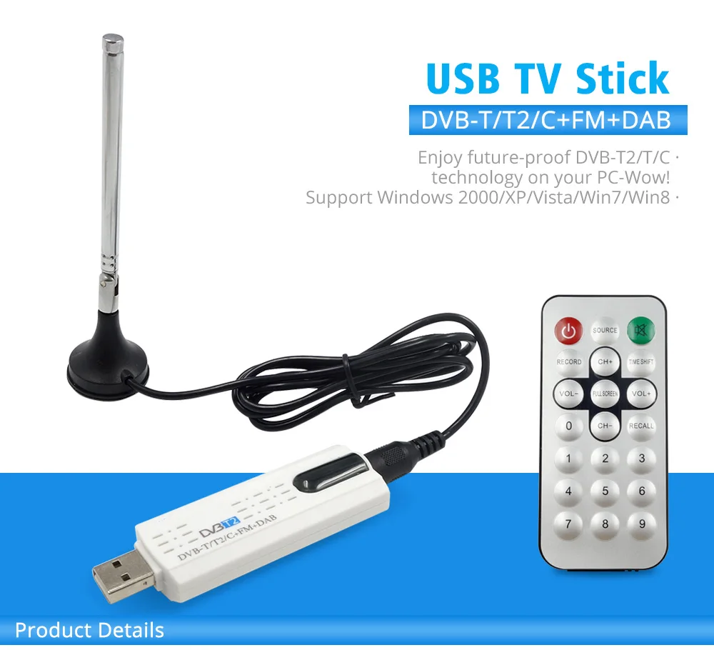 Digital DVB-T2/T DVB-C USB 2.0 TV Tuner Stick HDTV Receiver with Antenna Remote Control HD USB Dongle for Windows PC Laptop