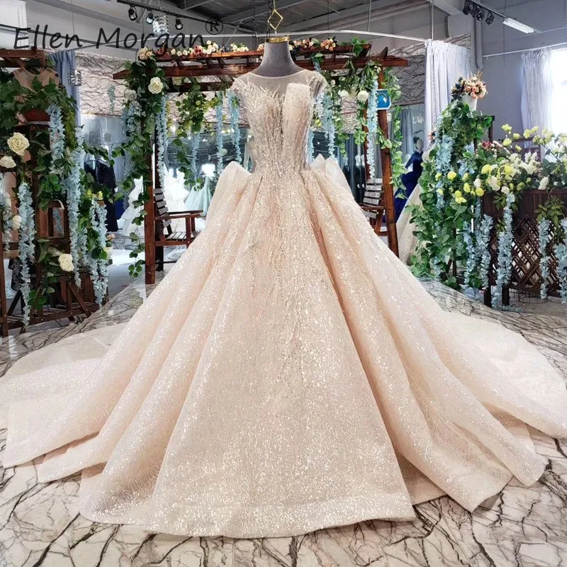 

Real Photos Glitter Wedding Dress Champagne Princess Ball Gowns 2019 Elegant Sheer Neck Sequins Ruffles Court Train Bridal Gowns