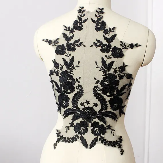 black Lace Applique, embroidered bodice lace applique, lace bodice for