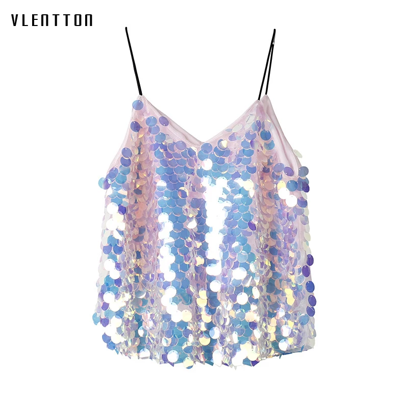 

2019 New Sexy short Camis Tank Tops Women V-Neck Sequins Halter Sling Women's Tops Spring summer 6 colors Reflective Top Female