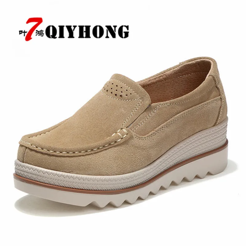 2018 Cuir forme Plate Glissement Femmes Creepers Qiyhong Sneakers gris Chaussures noir Talons bleu Beige Daim En Automne Casual Appartements Mocassins Sur 4zqdw