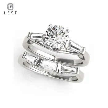 

LESF High End Female Jewelry 1 ct Round Cut 5A Zircon Stone 925 Sterling Silver Women Engagement Wedding Band Ring Set