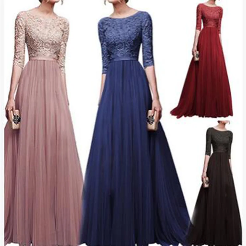 New elegant half sleeve chiffon lace stitching floor-length women party prom evening red long dress female clothing clothes